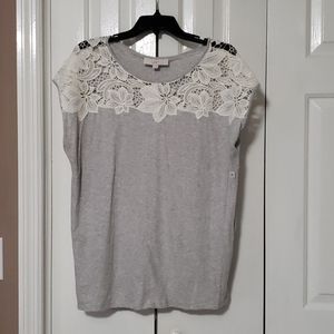 Ann Taylor Loft Gray with cream lace detail top XL